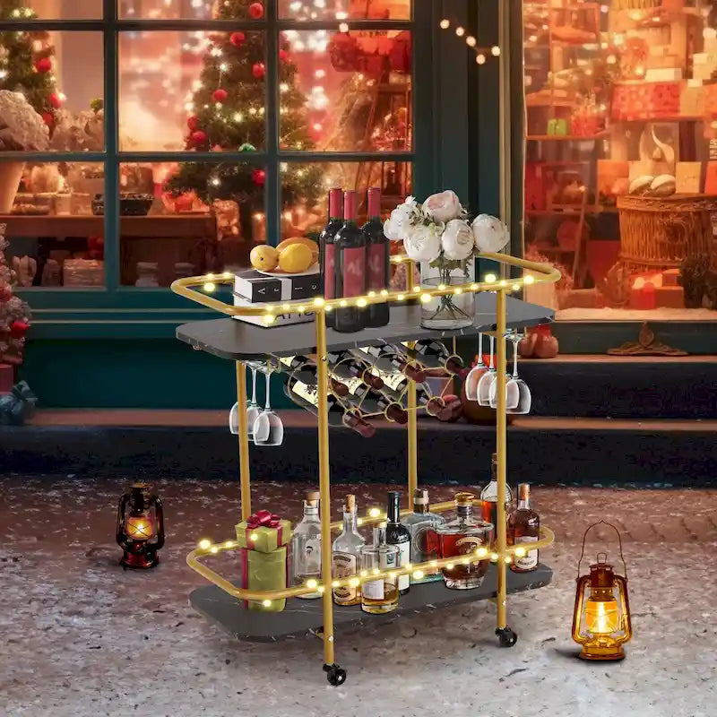 EROMMY Gold Bar Cart with Wheels, Rolling Liquor Cart with Wine Rack and Glass Holder, Modern Bar Trolley for Home Kitchen.