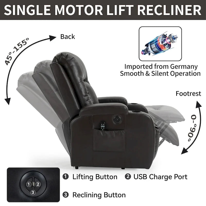 Infinite Position Power Lift Recliner with Massage and Heat, Dual USB Ports, Cup Holders, Side Pockets, Ideal for Seniors