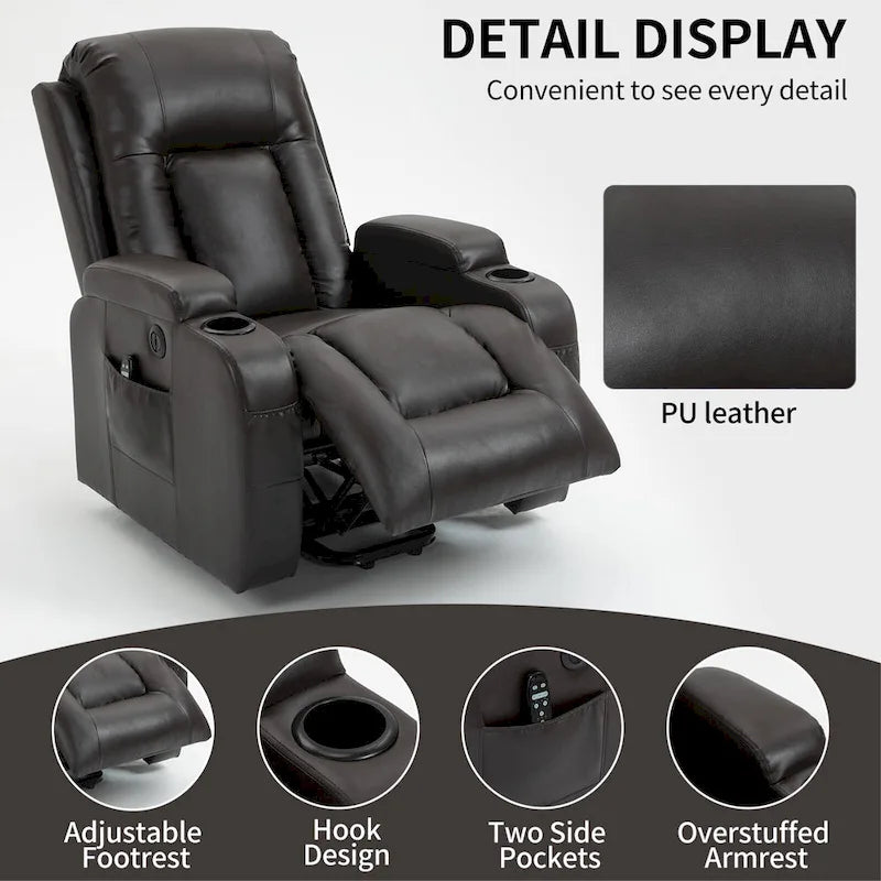 Infinite Position Power Lift Recliner with Massage and Heat, Dual USB Ports, Cup Holders, Side Pockets, Ideal for Seniors