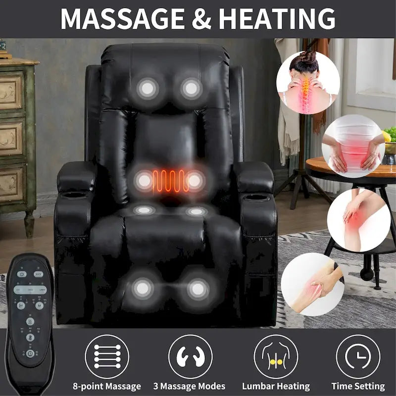 Infinite Position Power Lift Recliner with Massage and Heat, Dual USB Ports, Cup Holders, Side Pockets, Ideal for Seniors