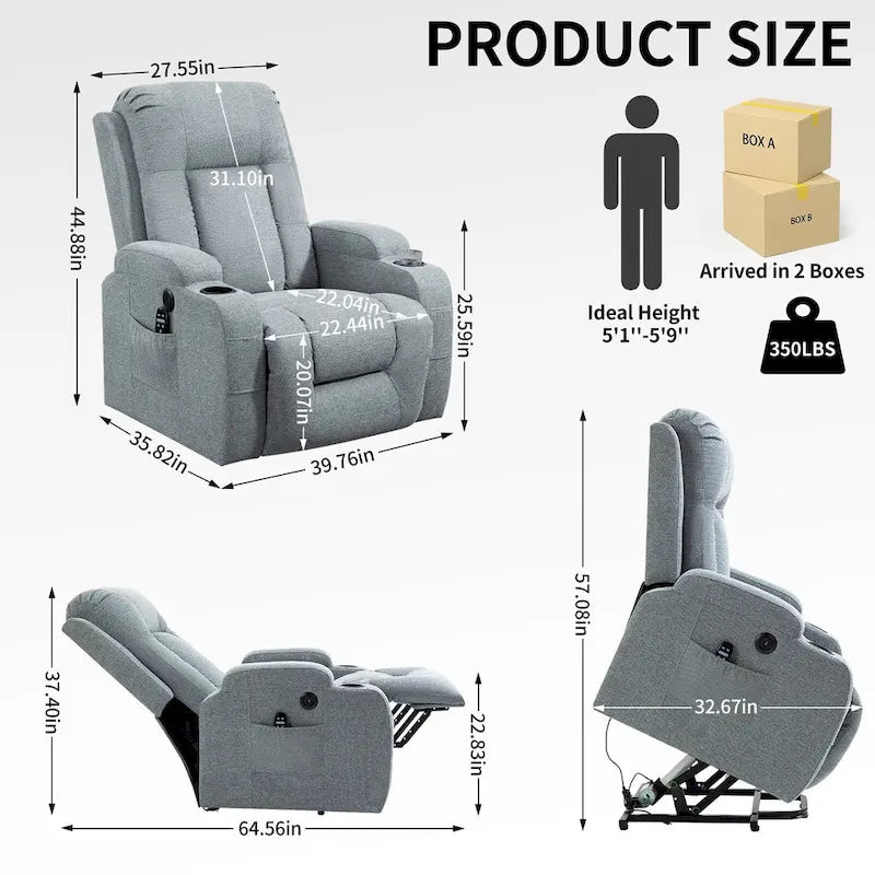 Infinite Position Power Lift Recliner with Massage and Heat, Dual USB Ports, Cup Holders, Side Pockets, Ideal for Seniors