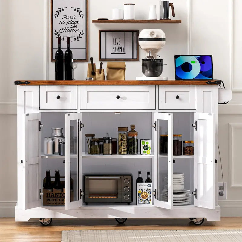 53 Farmhouse Kitchen Island With Two Tempered Glass Cabinet Doors(no include stool)