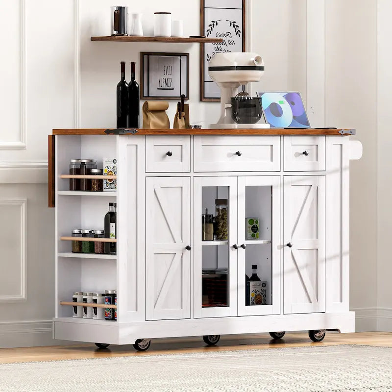 53 Farmhouse Kitchen Island With Two Tempered Glass Cabinet Doors(no include stool)