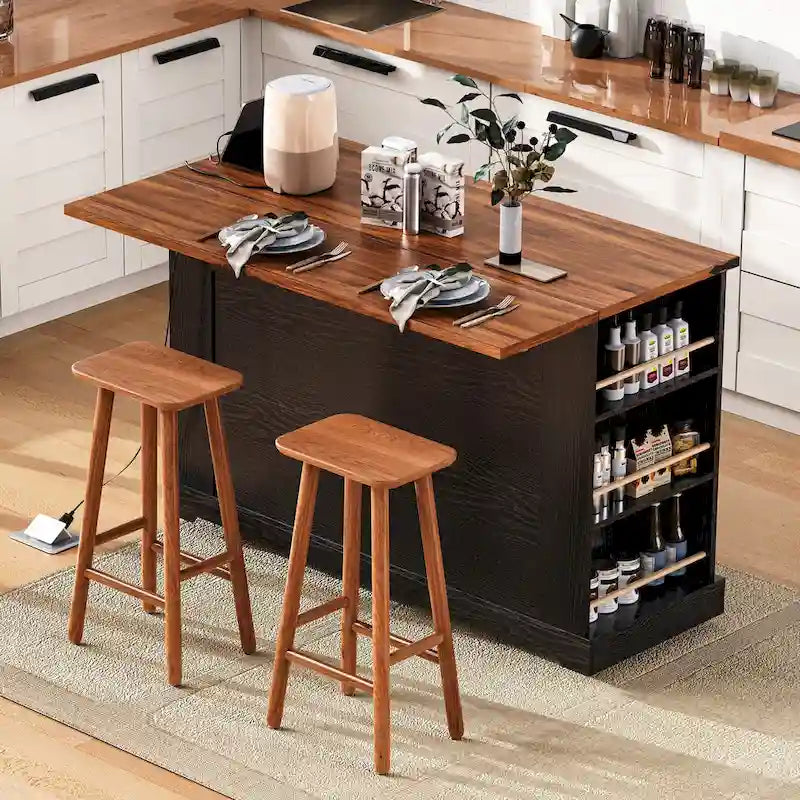 53 Farmhouse Kitchen Island With Two Tempered Glass Cabinet Doors(no include stool)