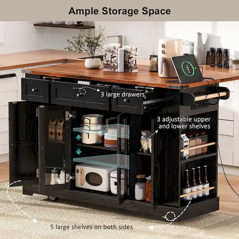 53 Farmhouse Kitchen Island With Two Tempered Glass Cabinet Doors(no include stool)