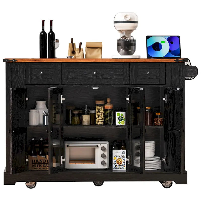 53 Farmhouse Kitchen Island With Two Tempered Glass Cabinet Doors(no include stool)