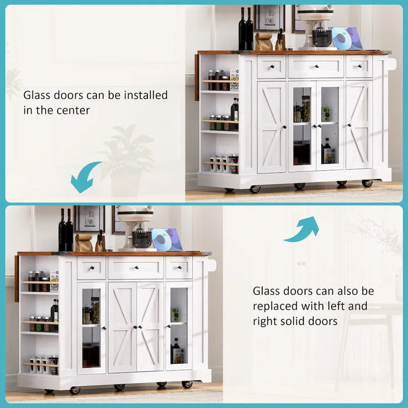 53 Farmhouse Kitchen Island With Two Tempered Glass Cabinet Doors(no include stool)
