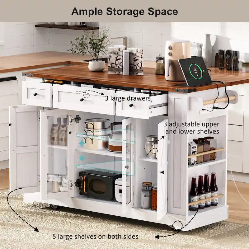 53 Farmhouse Kitchen Island With Two Tempered Glass Cabinet Doors(no include stool)