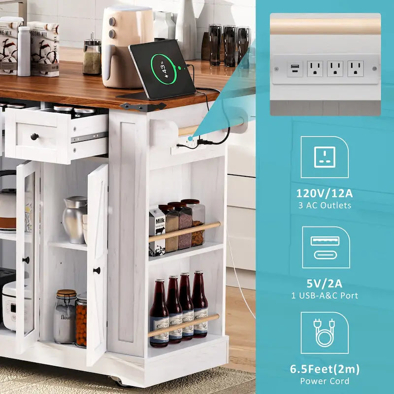 53 Farmhouse Kitchen Island With Two Tempered Glass Cabinet Doors(no include stool)