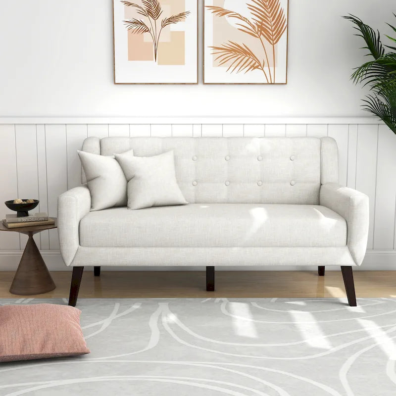 Tufted Linen/Cotton 2-Seater Sofa with Pillows