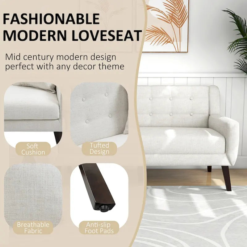 Tufted Linen/Cotton 2-Seater Sofa with Pillows