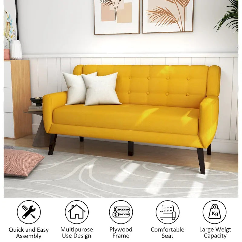 Tufted Linen/Cotton 2-Seater Sofa with Pillows