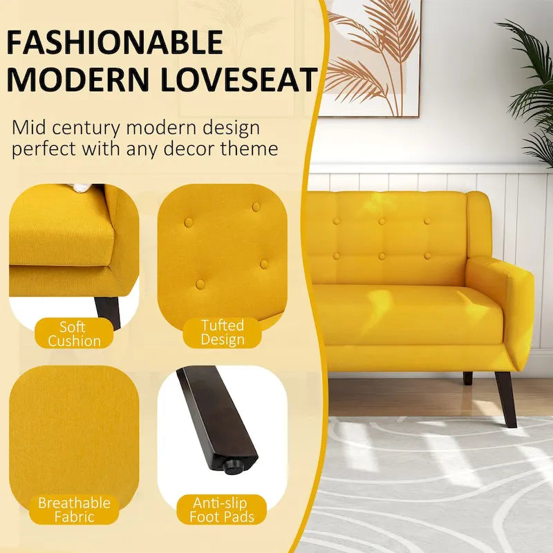 Tufted Linen/Cotton 2-Seater Sofa with Pillows