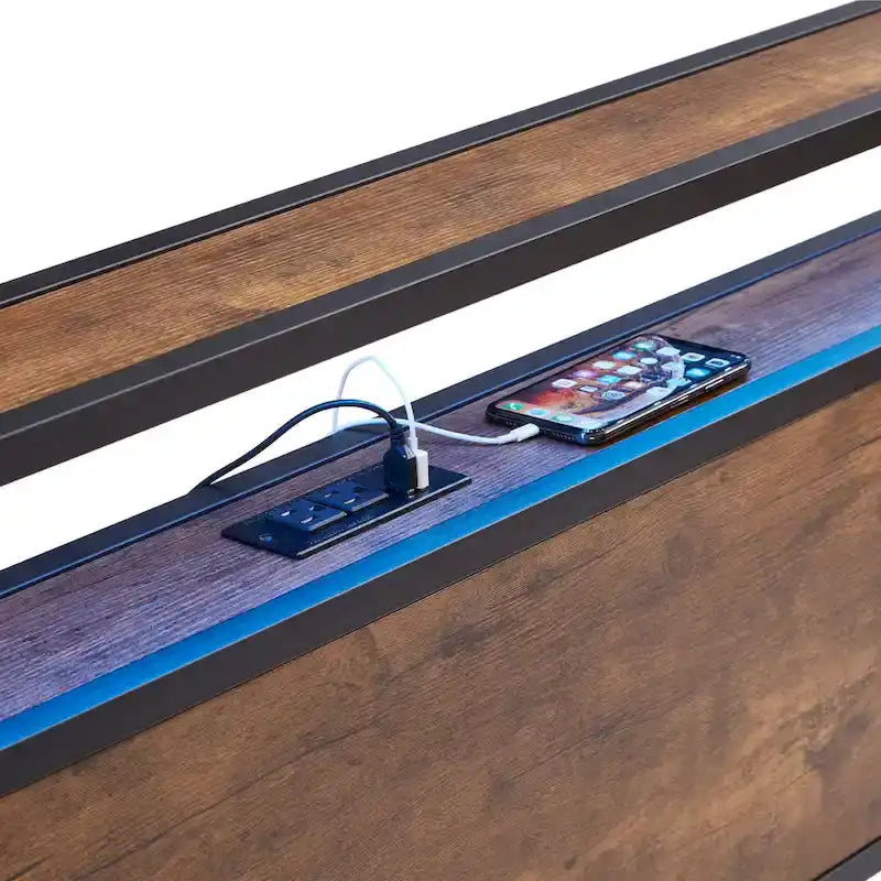 King Size Modern Metal Platform Bed with Wooden Headboard and LED Lights for Bedroom