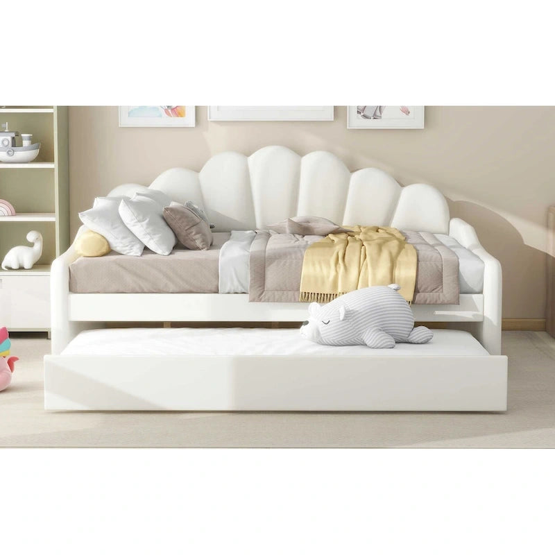 Full Size Upholstered Daybed with Shell Backrest and Trundle