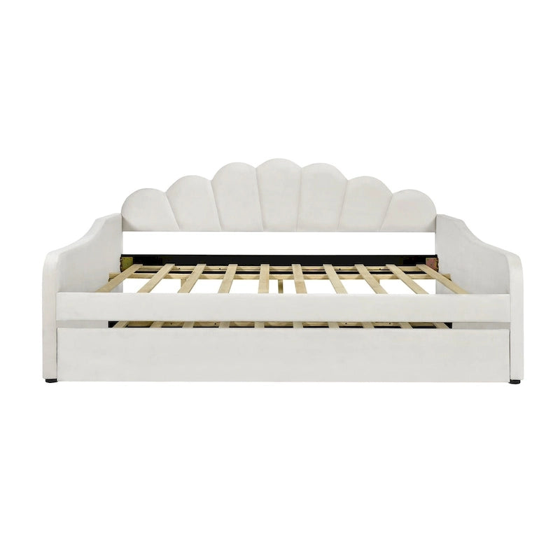 Full Size Upholstered Daybed with Shell Backrest and Trundle