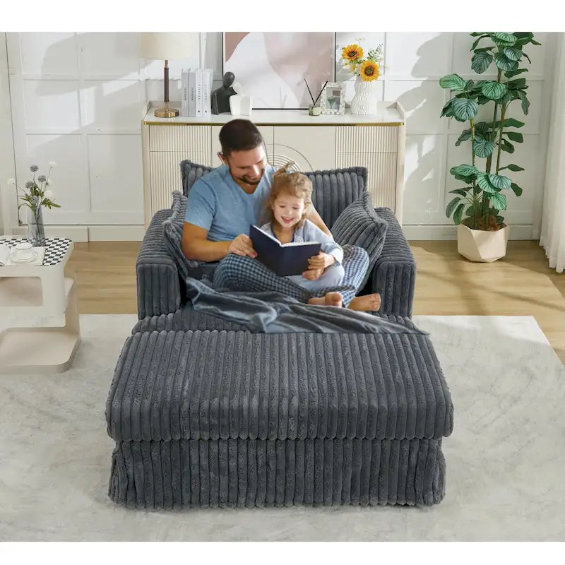 Modern 47.8 Upholstered Oversized Chaise Longue Chair with Ottoman and Pillows