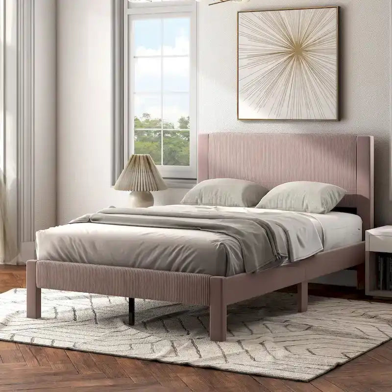 Modern Velvet Upholstered Platform Bed with Channel Headboard and Wooden Slats