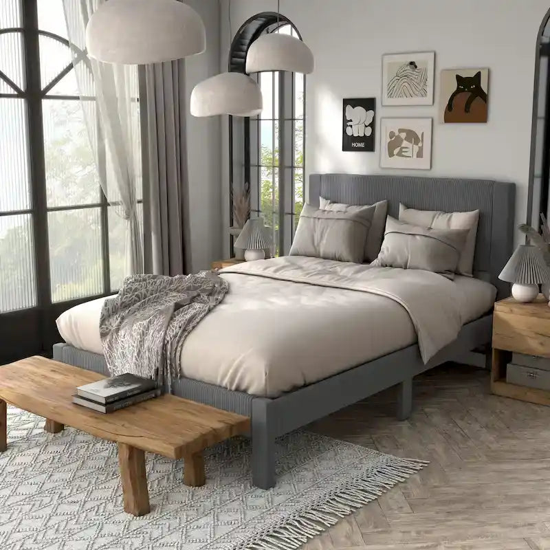 Modern Velvet Upholstered Platform Bed with Channel Headboard and Wooden Slats