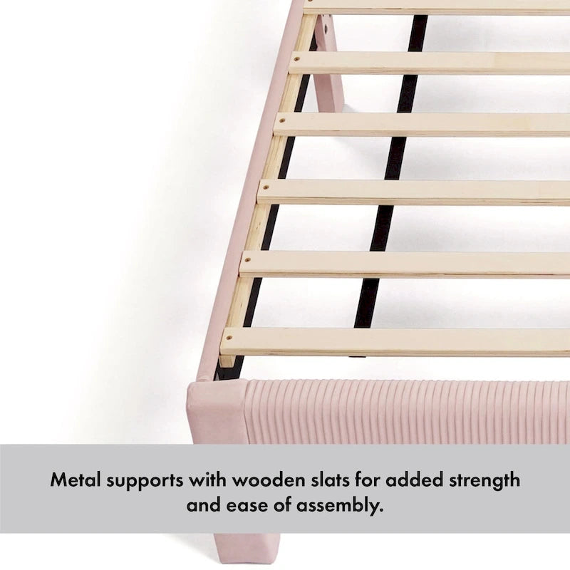 Modern Velvet Upholstered Platform Bed with Channel Headboard and Wooden Slats