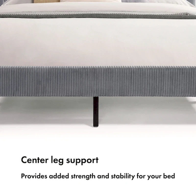 Modern Velvet Upholstered Platform Bed with Channel Headboard and Wooden Slats