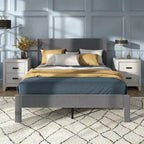 Modern Velvet Upholstered Platform Bed with Channel Headboard and Wooden Slats