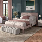 Modern Velvet Upholstered Platform Bed with Channel Headboard and Wooden Slats