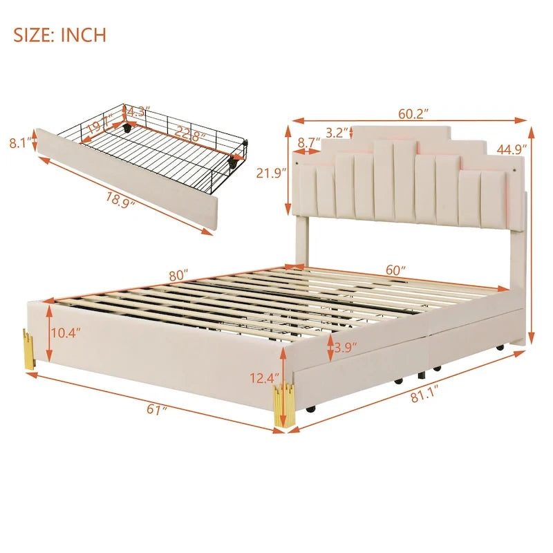 Queen Size Beige Upholstered Platform Bed with Lights and Drawers