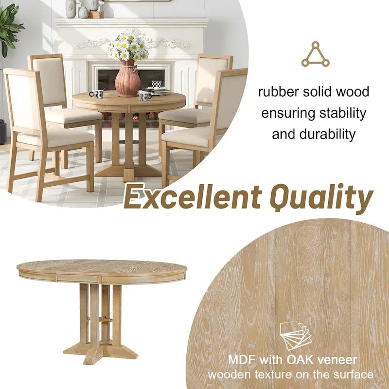 TREXM Farmhouse Dining Table Extendable Round Table for Kitchen and Dining Room