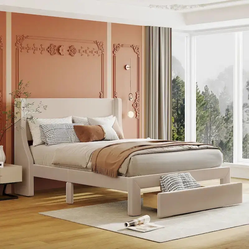 Full Size Beige Velvet Upholstered Platform Bed with Large Drawer