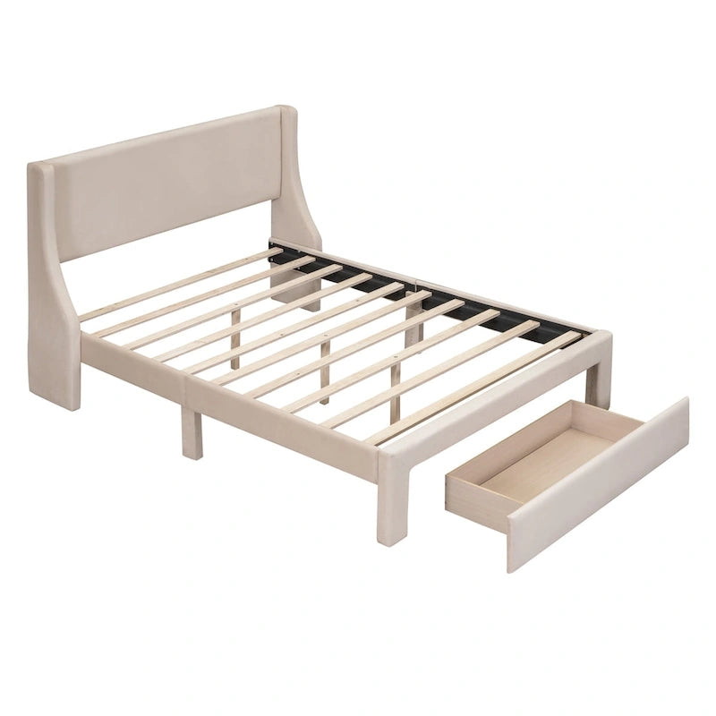 Full Size Beige Velvet Upholstered Platform Bed with Large Drawer