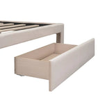 Full Size Beige Velvet Upholstered Platform Bed with Large Drawer