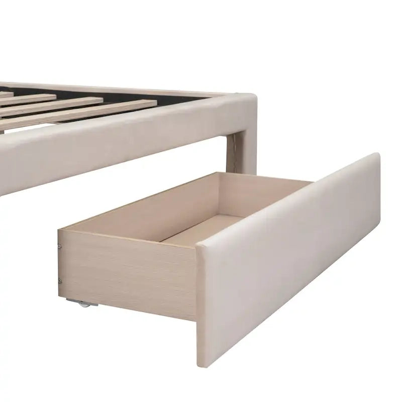 Full Size Beige Velvet Upholstered Platform Bed with Large Drawer