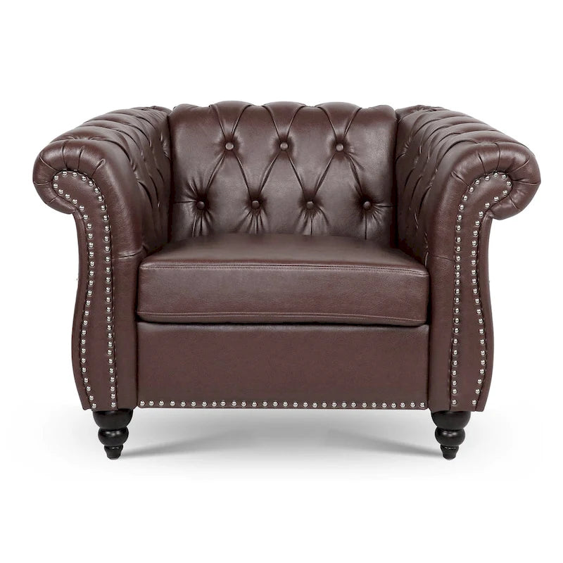 Oversized Brown Faux Leather Tufted Sofa Chair - 32.09 x 38.98 x 28.35