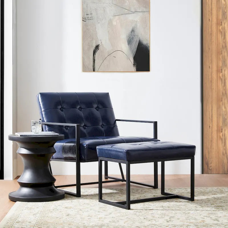 Glitzhome Modern PU Leather Tufted Accent Chair with Ottoman Set