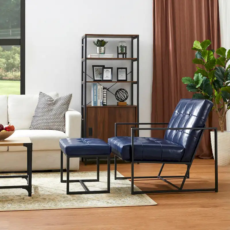Glitzhome Modern PU Leather Tufted Accent Chair with Ottoman Set