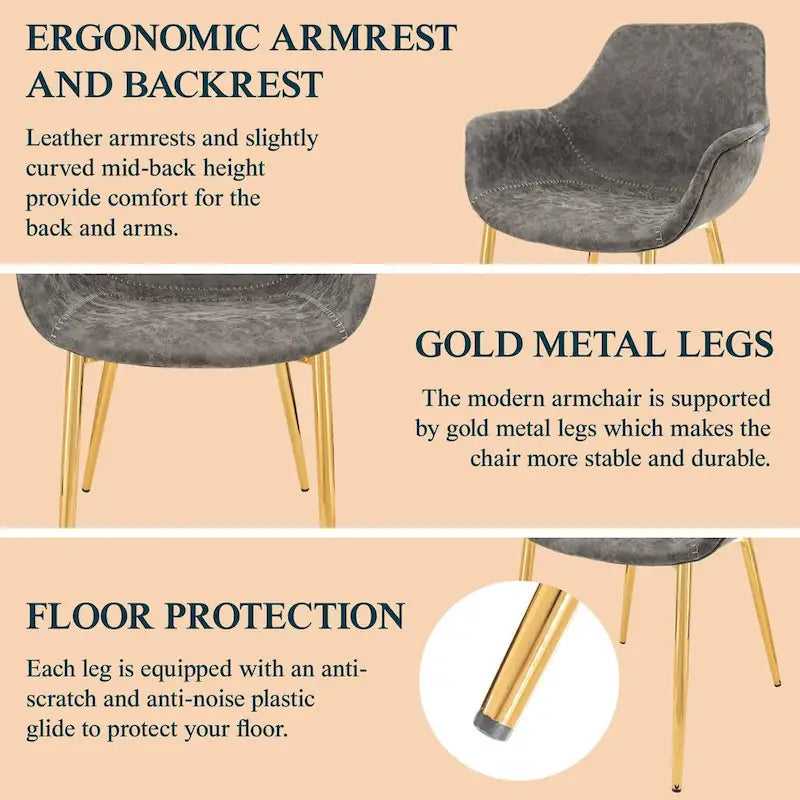 LeisureMod Dining Arm Chair w/ Gold Metal Legs Set of 2 - Light Brown - 24.5Dx25.2Wx33H