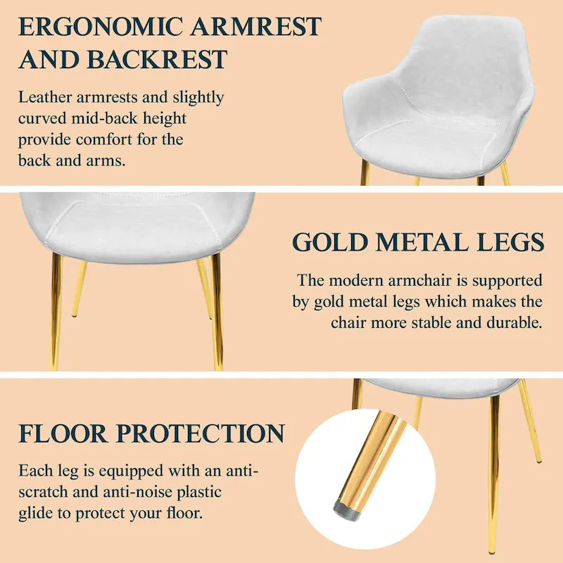 LeisureMod Dining Arm Chair w/ Gold Metal Legs Set of 2 - Light Brown - 24.5Dx25.2Wx33H