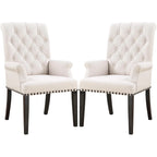 Rolled Back Design Button Tufted Beige Dining Arm Chair with Nailhead Trim