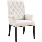 Rolled Back Design Button Tufted Beige Dining Arm Chair with Nailhead Trim
