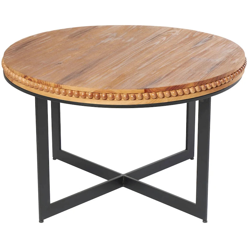 Wood Beaded Coffee Table with Metal X-Shaped Base - Brown - Roche River Decor - 30Wx30Lx16H