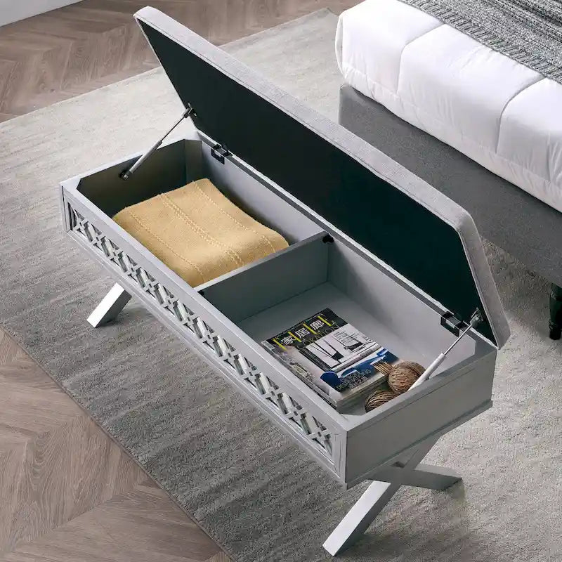 Leick Home Mirrored Diamond Filigree X Base Lift Top Storage Bench