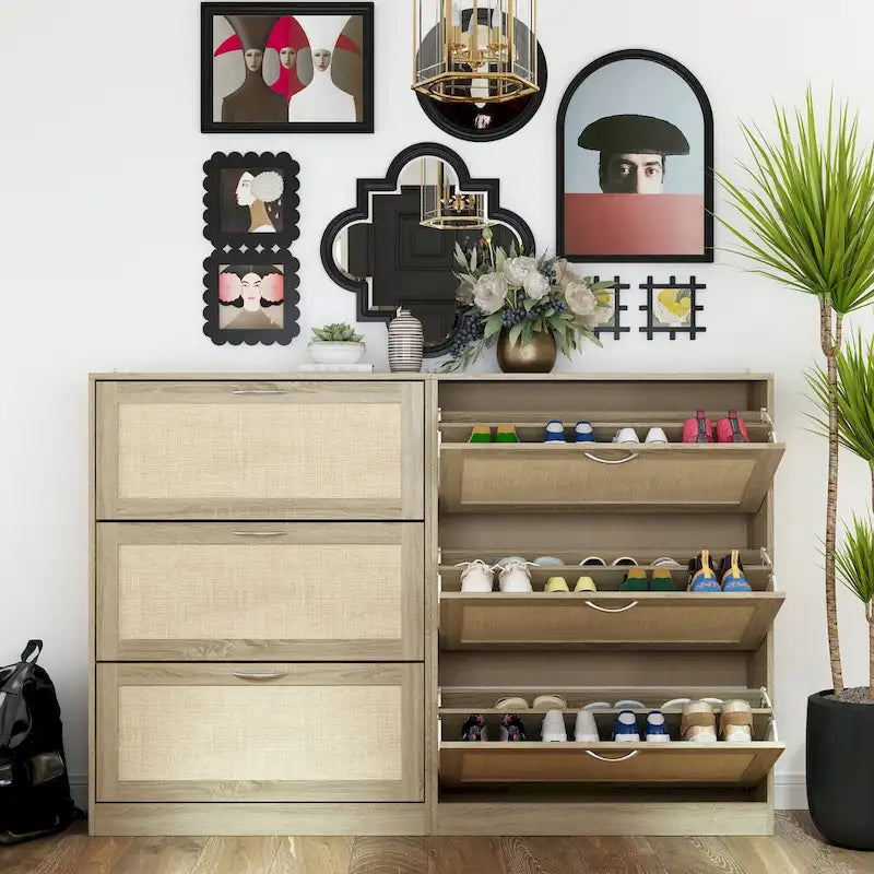 Shoe Cabinet, Shoe Rack Storage Organizer with 3 Flip Drawers Rattan