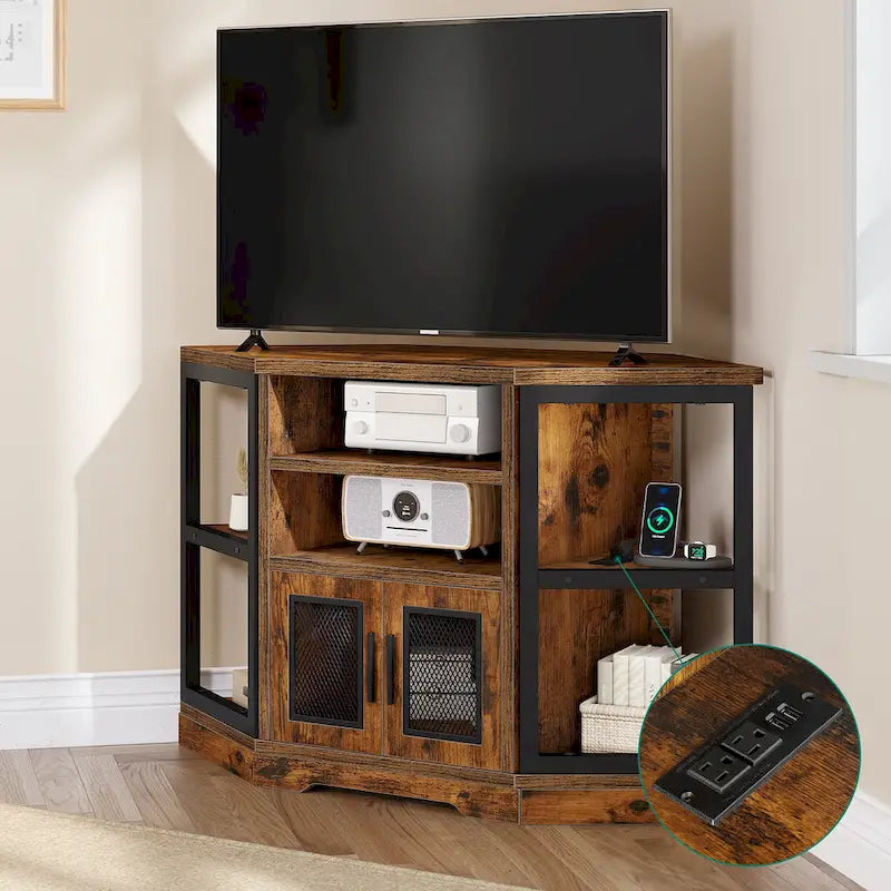 Moasis 47-inch Mesh Door Wood Corner TV Stand and Media Console