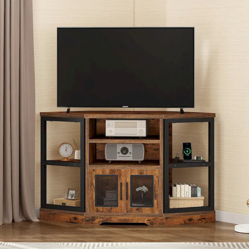 Moasis 47-inch Mesh Door Wood Corner TV Stand and Media Console