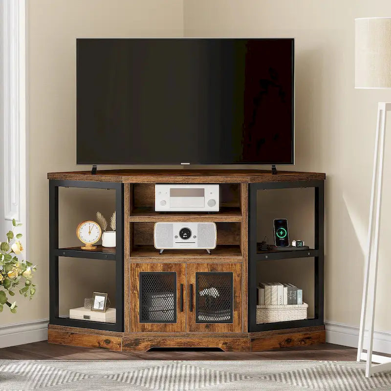 Moasis 47-inch Mesh Door Wood Corner TV Stand and Media Console