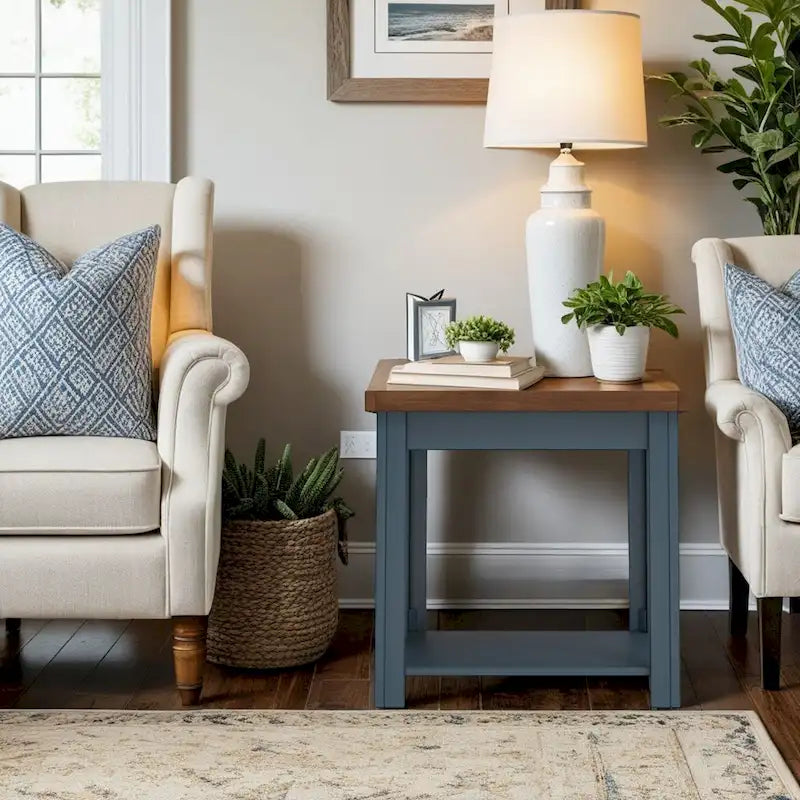 24 inch Side Table, No Assembly Required, Blue Denim and Whiskey Finish