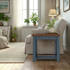 24 inch Side Table, No Assembly Required, Blue Denim and Whiskey Finish