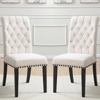 Rolled Back Design Button Tufted Beige Dining Chairs with Nailhead Trim (Set of 2)