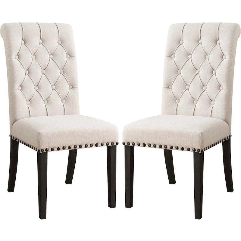 Rolled Back Design Button Tufted Beige Dining Chairs with Nailhead Trim (Set of 2)